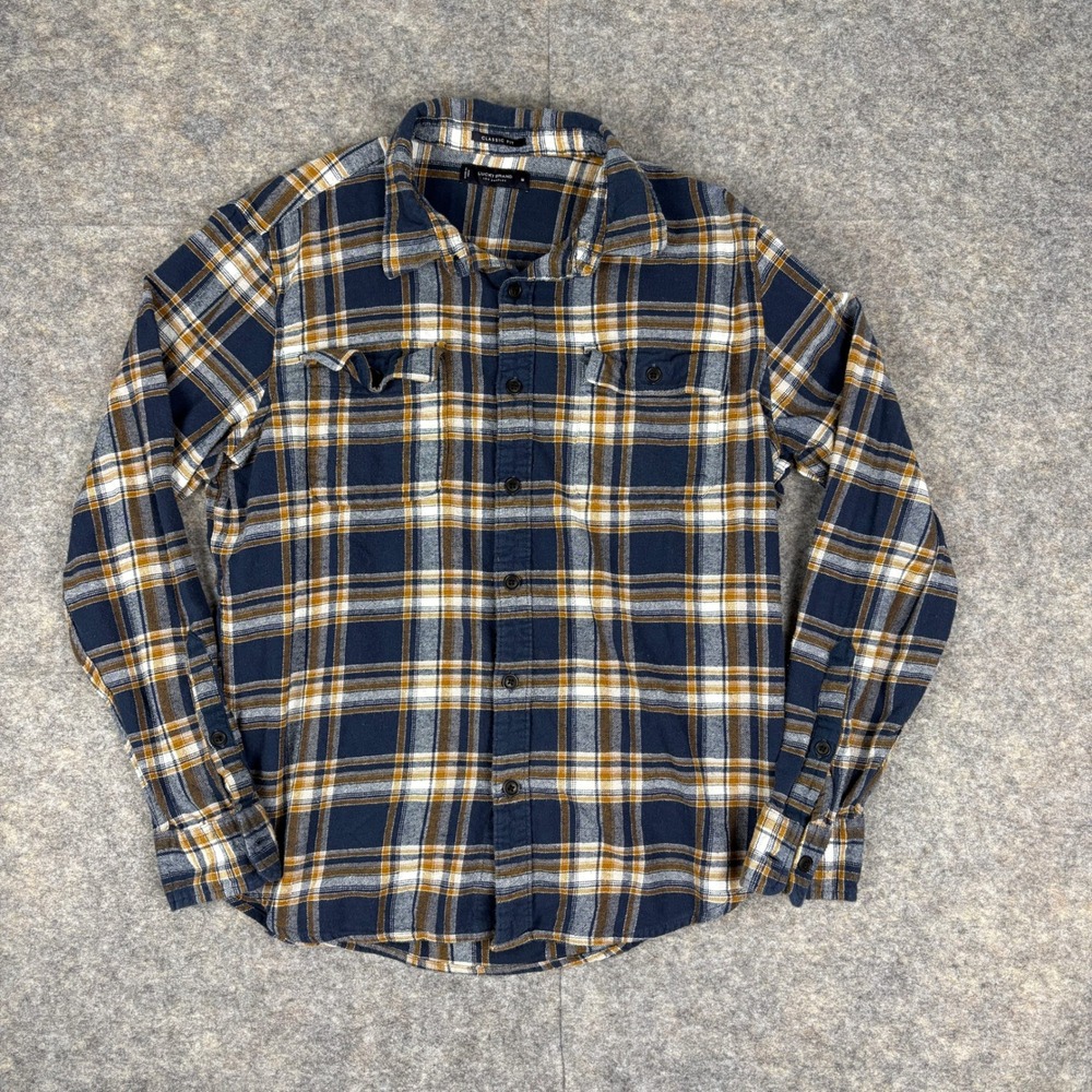 Lucky Brand Mens Classic Fit Plaid Flannel Shirt Navy Blue Orange Medium
